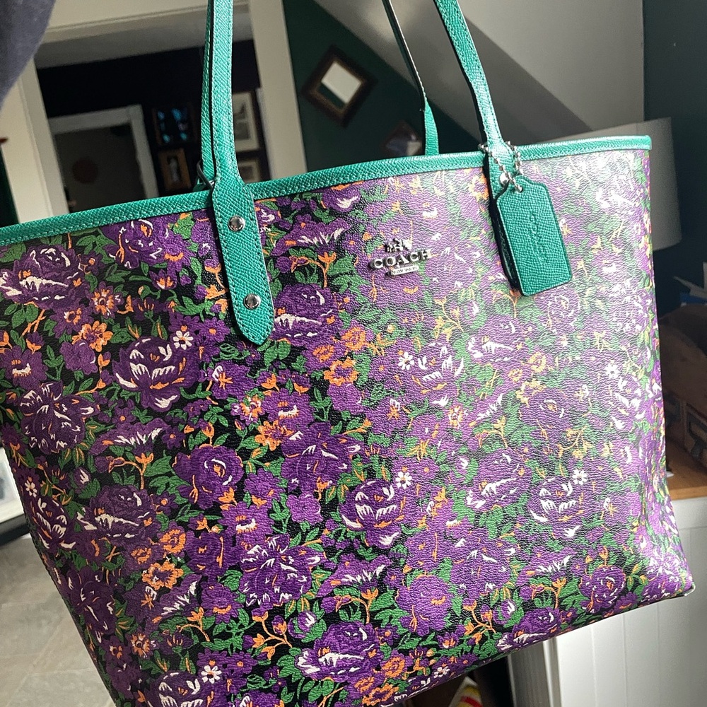 Coach Floral City Tote Bag - Green and Purple- reversible - Picture 2 of 9